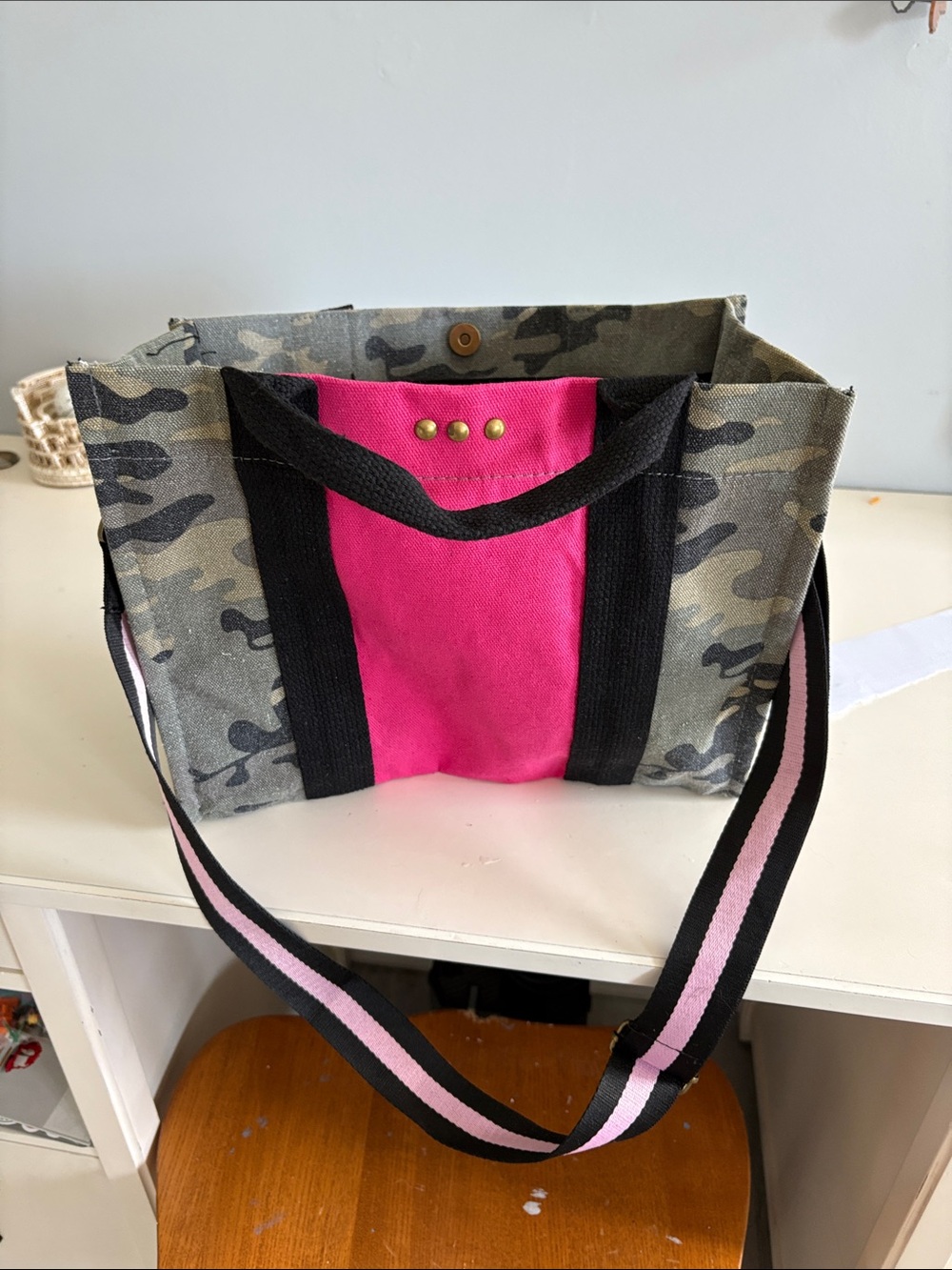 Camo Canvas Tote with Pink Center Panel